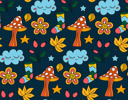 Retro 70s autumn vibe, hippie psychedelic groovy pattern. Cartoon funky autumn texture. vector illustration. Vector illustration.のイラスト素材