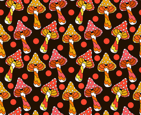 Retro 70s autumn vibe, hippie psychedelic groovy pattern. Cartoon funky autumn texture. vector illustration. Vector illustration.のイラスト素材