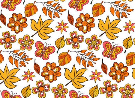 Retro 70s autumn vibe, hippie psychedelic groovy pattern. Cartoon funky autumn texture. vector illustration. Vector illustration.のイラスト素材