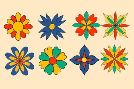 Retro Happy Flowers set. Flower Icon Fashion Illustration. Vector illustration.のイラスト素材