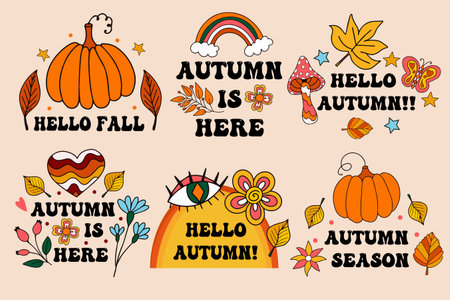 Retro 70s card with written "Hello Autumn". Fall and harvest Lettering for postcards and poster. Vector illustration.のイラスト素材
