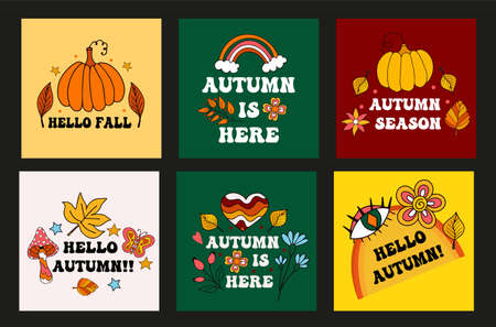 Retro 70s card with written Hello Autumn. Fall and harvest time postcards, stickers, posters. Vector illustrationのイラスト素材