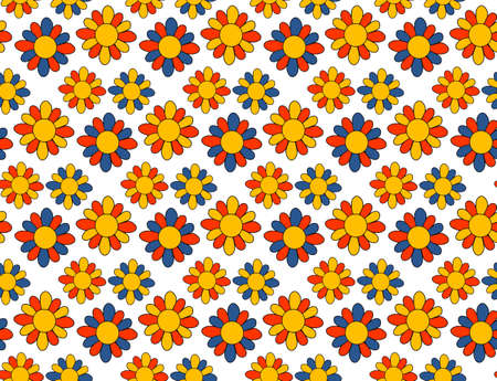 Boho retro 70s pattern . Floral vintage seamless texture. Hippie flower power retro textile print. Groovy botanical wallpaper.のイラスト素材