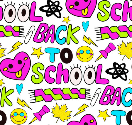 Back to school groovy pattern in retro 70s style. Psychedelic texture hippie design. School and education doodles hand drawn background. vector illustration. Vector illustration.のイラスト素材
