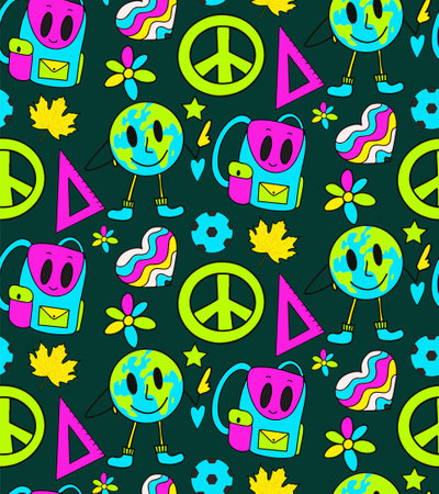 Back to school groovy pattern in retro 70s style. Psychedelic texture hippie design. School and education doodles hand drawn background. vector illustration. Vector illustration.のイラスト素材