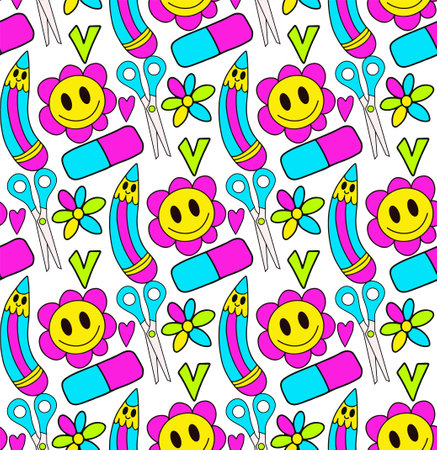 Back to school groovy pattern in retro 70s style. Psychedelic texture hippie design. School and education doodles hand drawn background. vector illustration. Vector illustration.のイラスト素材