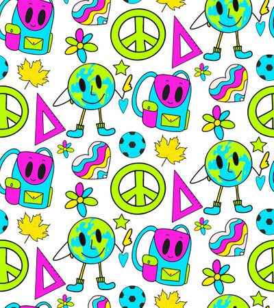 Back to school groovy pattern in retro 70s style. Psychedelic texture hippie design. School and education doodles hand drawn background. vector illustration. Vector illustration.のイラスト素材