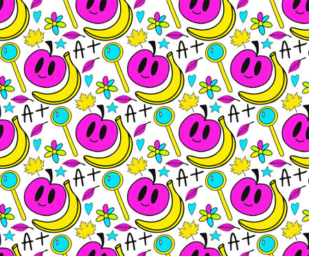 Back to school groovy pattern in retro 70s style. Psychedelic texture hippie design. School and education doodles hand drawn background. vector illustration. Vector illustration.のイラスト素材