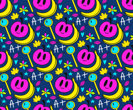 Back to school groovy pattern in retro 70s style. Psychedelic texture hippie design. School and education doodles hand drawn background. vector illustration. Vector illustration.のイラスト素材