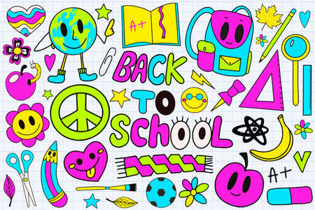 Back to school groovy stickers set in retro 70s style. Psychedelic collection of hippie design elements. School and education doodles hand drawn vector symbols and objects. Colorful sticker style drawings. Vector. Vector illustration.のイラスト素材