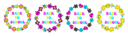 Back to school groovy round frame in retro 70s style. Psychedelic border hippie design. Vector illustrationのイラスト素材