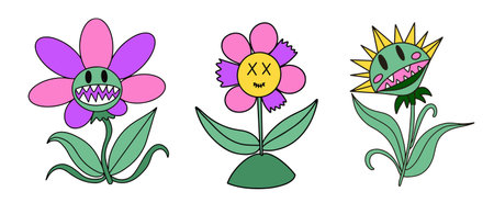 Set of predatory flowers and plants. Monster flower power. Vector illustrationのイラスト素材