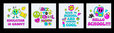 Back to school groovy postcard in retro 70s style. Psychedelic poster hippie design. School and education doodles hand drawn flyer. vector illustration.のイラスト素材