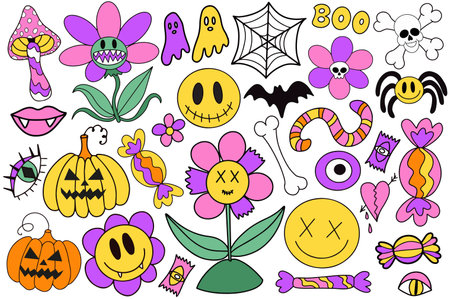 Groovy halloween stickers set in retro 70s style. Psychedelic collection of hippie design elements. The power of monster flowers. Colorful scary sticker with bat, pumpkin, vampire. vector illustration. Vector illustrationのイラスト素材