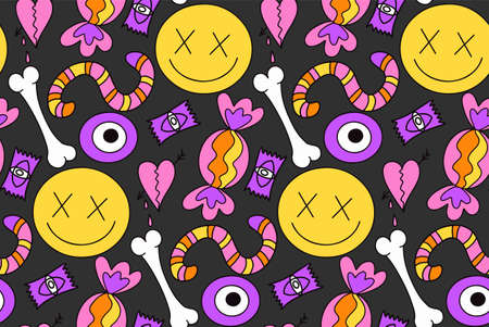 Groovy halloween seamless pattern 70s style. Psychedelic hippie endless texture background. vector illustration.のイラスト素材