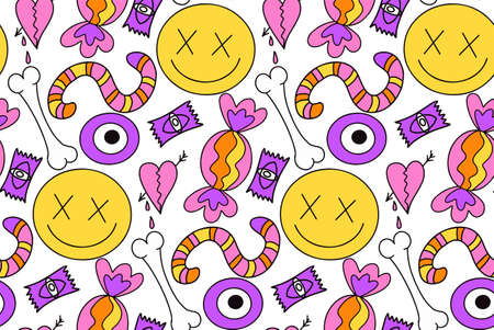 Groovy halloween seamless pattern 70s style. Psychedelic hippie endless texture background. vector illustration.のイラスト素材