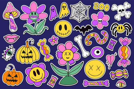 Groovy halloween stickers set in retro 70s style. Psychedelic collection of hippie design elements. The power of monster flowers. Colorful scary sticker with bat, pumpkin, vampire. vector illustration. Vector illustrationのイラスト素材