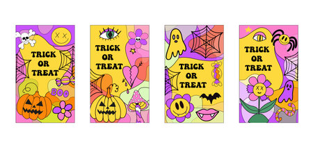 Groovy halloween cards in retro 70s style. Trick or treat. The power of monster flowers. Colorful scary poster with bat, pumpkin, vampire.のイラスト素材