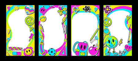 Groovy story template set. Frames for children photo album, invitation, note book, postcard. Retro 70s style and school stationery elements. Cute frame, border. Vectorのイラスト素材