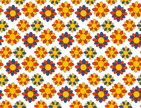 Boho retro 70s pattern . Floral vintage seamless texture. Hippie flower power retro textile print. Groovy botanical wallpaper.のイラスト素材