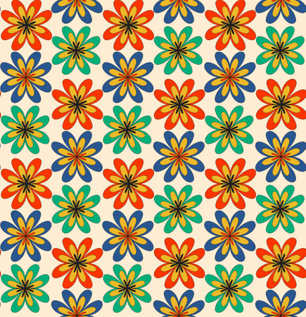 Boho retro 70s pattern . Floral vintage seamless texture. Hippie flower power retro textile print. Groovy botanical wallpaper.のイラスト素材