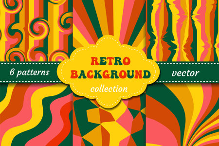 Retro 70s 60s seamless patterns . Endless texture can be used for wallpaper, Set geometric ornaments. Vector.のイラスト素材