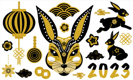 Happy Chinese New Year, year of the black rabbit 2023. Cartoon Rabbits set bunny character and decorations Chinese symbols collection. Vector illustrationのイラスト素材