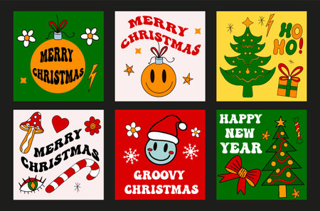 Groovy christmas cards in retro 70s style. Merry christmas and new year psychedelic hippie postcard posters. Vector illustrationのイラスト素材