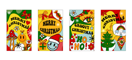 Groovy christmas cards in retro 70s style. Merry christmas and new year psychedelic hippie postcard posters. Vector illustrationのイラスト素材