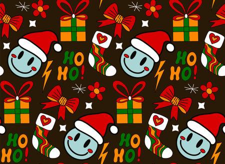 Merry Christmas Groove seamless pattern 70s style. Psychedelic hippie endless texture background. Vector illustrationのイラスト素材
