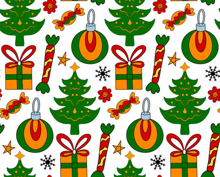 Merry Christmas Groove seamless pattern 70s style. Psychedelic hippie endless texture background. Vector illustrationのイラスト素材