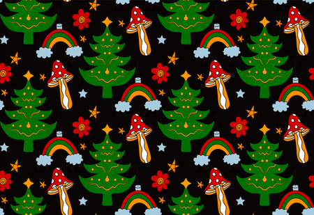 Merry Christmas Groove seamless pattern 70s style. Psychedelic hippie endless texture background. Vector illustrationのイラスト素材