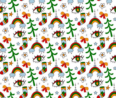 Merry Christmas Groove seamless pattern 70s style. Psychedelic hippie endless texture background. Vector illustrationのイラスト素材