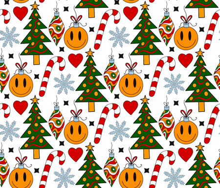 Merry Christmas Groove seamless pattern 70s style. Psychedelic hippie endless texture background. Vector illustrationのイラスト素材