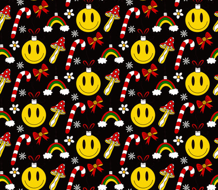 Merry Christmas Groove seamless pattern 70s style. Psychedelic hippie endless texture background. Vector illustrationのイラスト素材