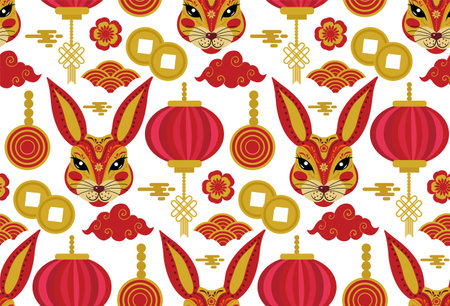 Happy Chinese New Year seamless pattern, year of the black rabbit 2023 endless texture, background. Vector Illustration. Vector illustrationのイラスト素材