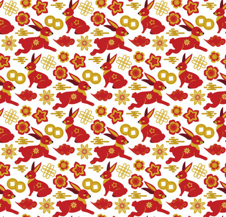 Happy Chinese New Year seamless pattern, year of the black rabbit 2023 endless texture, background. Vector Illustration. Vector illustrationのイラスト素材