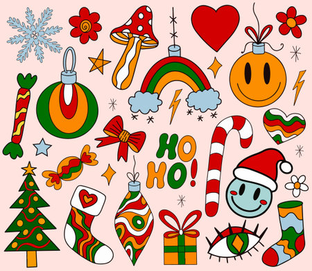 Merry Christmas groovy retro 70s set elements. Hippie holiday collection clip art hand drawing style. Christmas tree, snowflakes, gifts modern trendy objects collection. Vector illustrationのイラスト素材