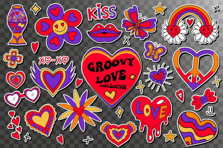 Valentines day groovy retro 70s set elements. Love and peace collection clip art hand drawing style. Rainbow, power flowers, hearts modern trendy objects. vector illustration.のイラスト素材