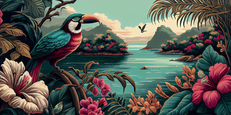 Tropical summer paradise scene landscape with river, ocean, sea, leaves and plants. flowers and birds. Generative AI.の写真素材