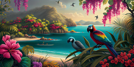 Tropical summer paradise scene landscape with river, ocean, sea, leaves and plants. flowers and birds. Generative AI.の写真素材