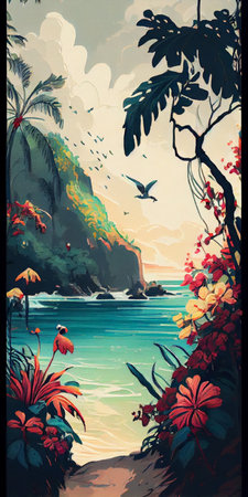 Tropical summer paradise scene landscape with river, ocean, sea, leaves and plants. flowers and birds. Generative AI.の写真素材