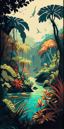 Tropical summer paradise scene landscape with river, ocean, sea, leaves and plants. flowers and birds. Generative AI.の写真素材