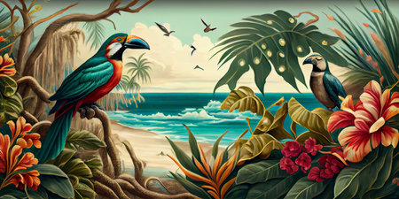 Tropical summer paradise scene landscape with river, ocean, sea, leaves and plants. flowers and birds. Generative AI.の写真素材