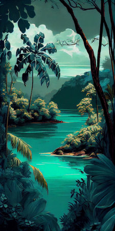 Tropical summer paradise scene landscape with river, ocean, sea, leaves and plants. flowers and birds. Generative AI.の写真素材