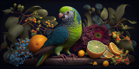 Tropical vintage exotic bird, flower, fruit, palm leaves floral. Exotic jungle wallpaper. AI generative.の写真素材