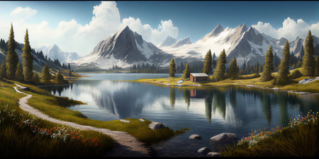 Mountain landscape, lake and mountain range, large panorama. Ai Generative.の写真素材