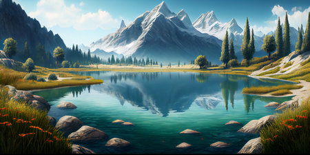 Mountain landscape, lake and mountain range, large panorama. Ai Generative.の写真素材