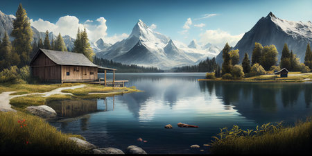 Mountain landscape, lake and mountain range, large panorama. Ai Generative.の写真素材