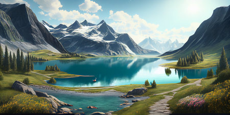 Mountain landscape, lake and mountain range, large panorama. Ai Generative.の写真素材